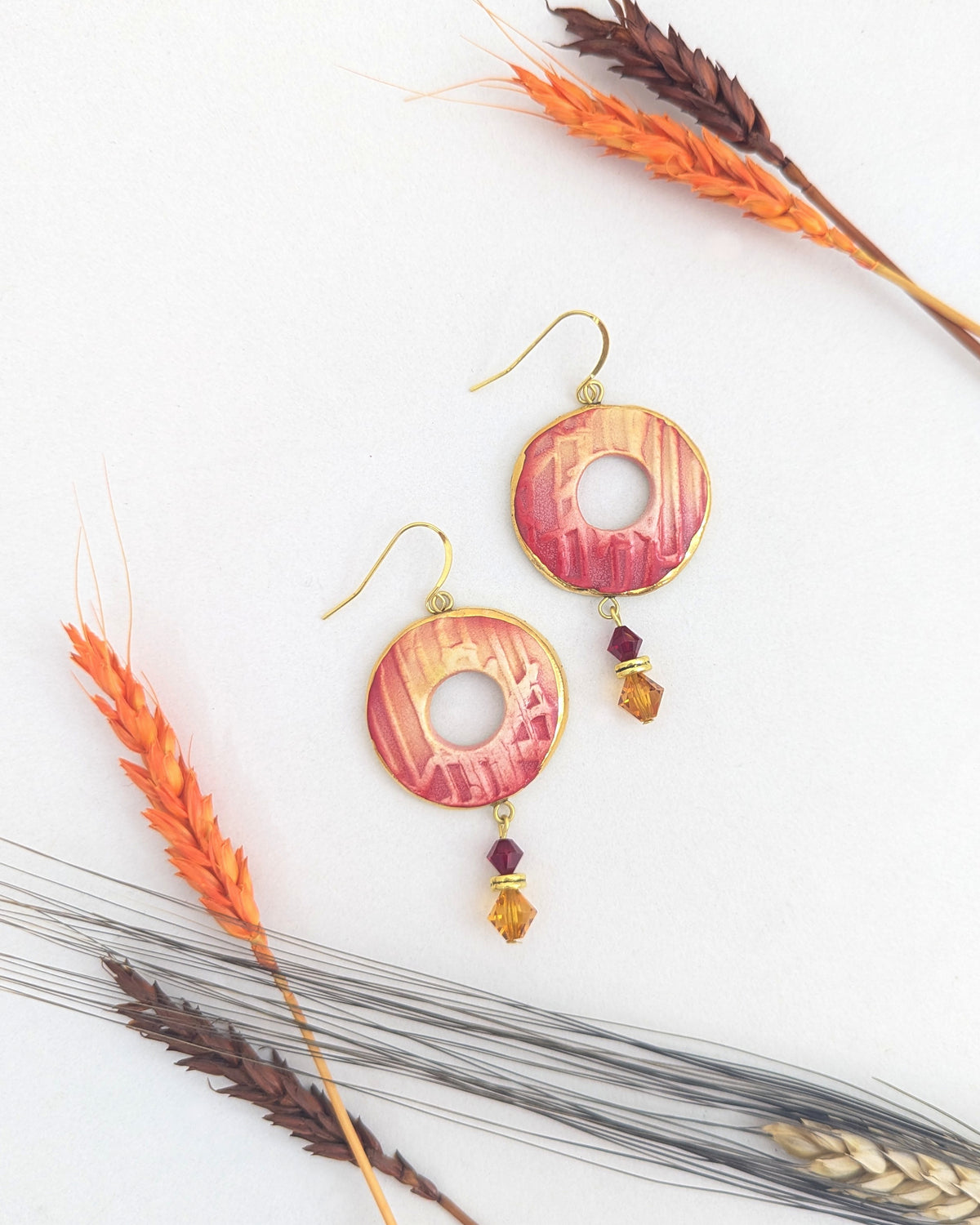 Red Round Earrings with Beads